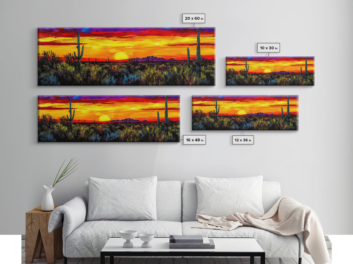 Desert Sunset Art, Vibrant Cactus Painting, Warm Boho Landscape, Southwestern Wall Decor, Bold Nature Print, Framed Canvas Print