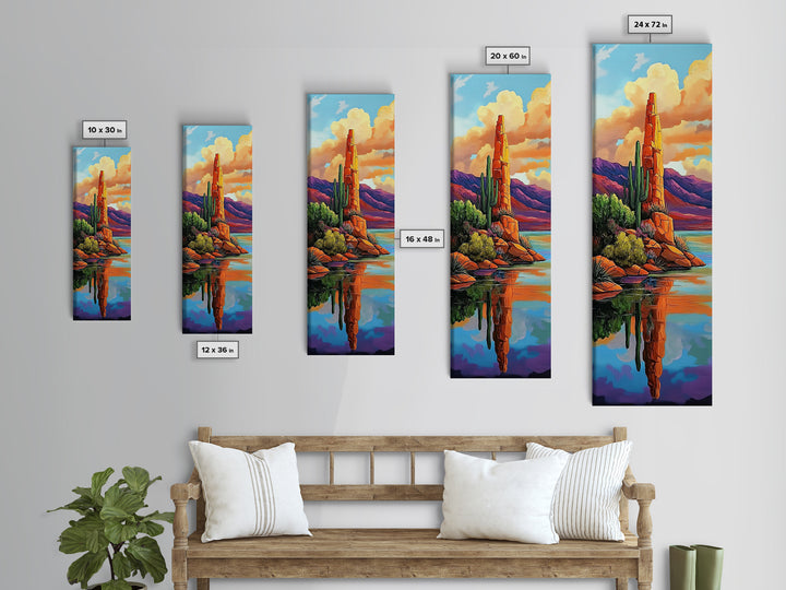 Desert Cactus, Reflection Art, Framed Canvas Print, bold southwest landscape, cacti and red rock lake scene, rustic style living room wall art