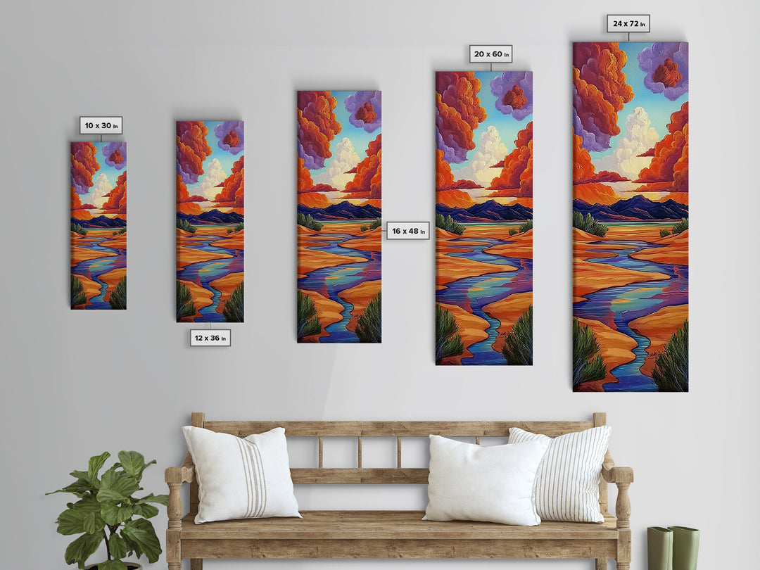 Desert River, Sky Painting, Framed Canvas Print, warm southwestern stream view landscape, bold clouds, boho decor, office wall art