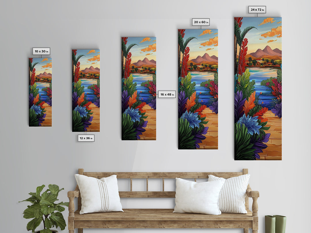 Path Garden, Village Painting, Framed Canvas Print, whimsical tropical pathway, village view, bold colorful foliage, hallway wall art, boho style