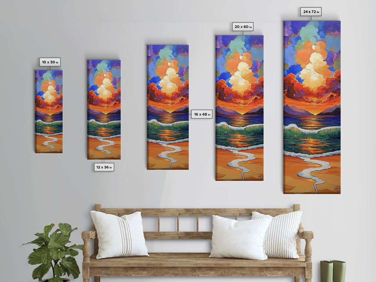 Ocean Sunset, Waves Painting, Framed Canvas Print, dramatic beach sunset, crashing waves, bold seascape, boho home decor, bathroom wall art