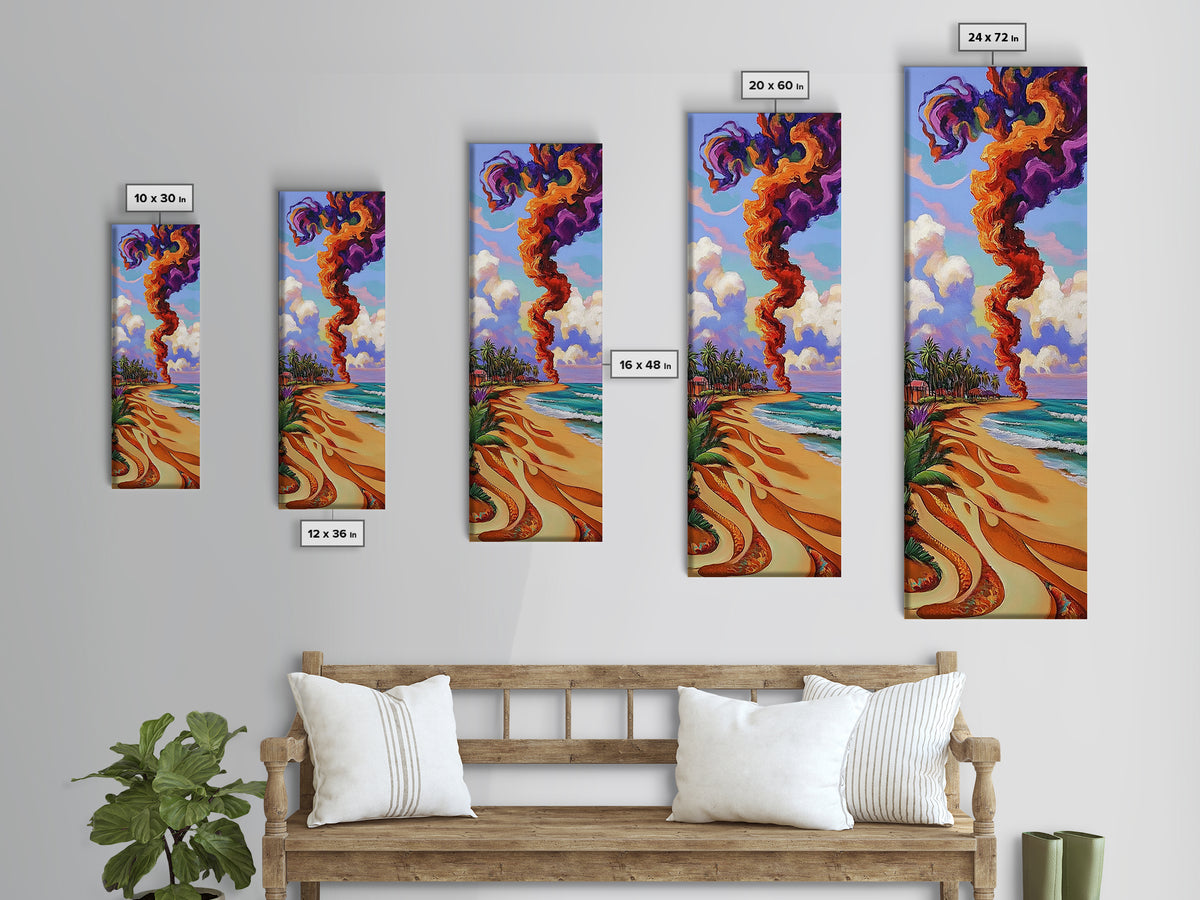 Coastal Smoke Vibes Art, Framed Canvas Print vibrant beach painting with purple and orange smoke, tropical sunset art, boho home decor