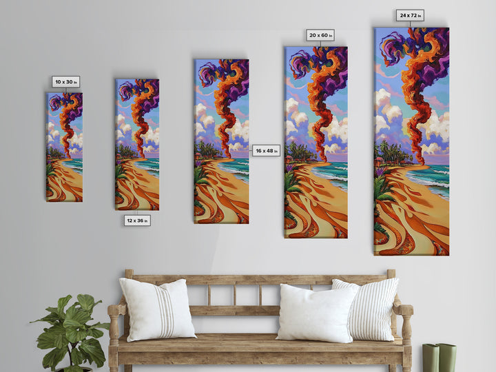 Coastal Smoke Vibes Art, Framed Canvas Print vibrant beach painting with purple and orange smoke, tropical sunset art, boho home decor
