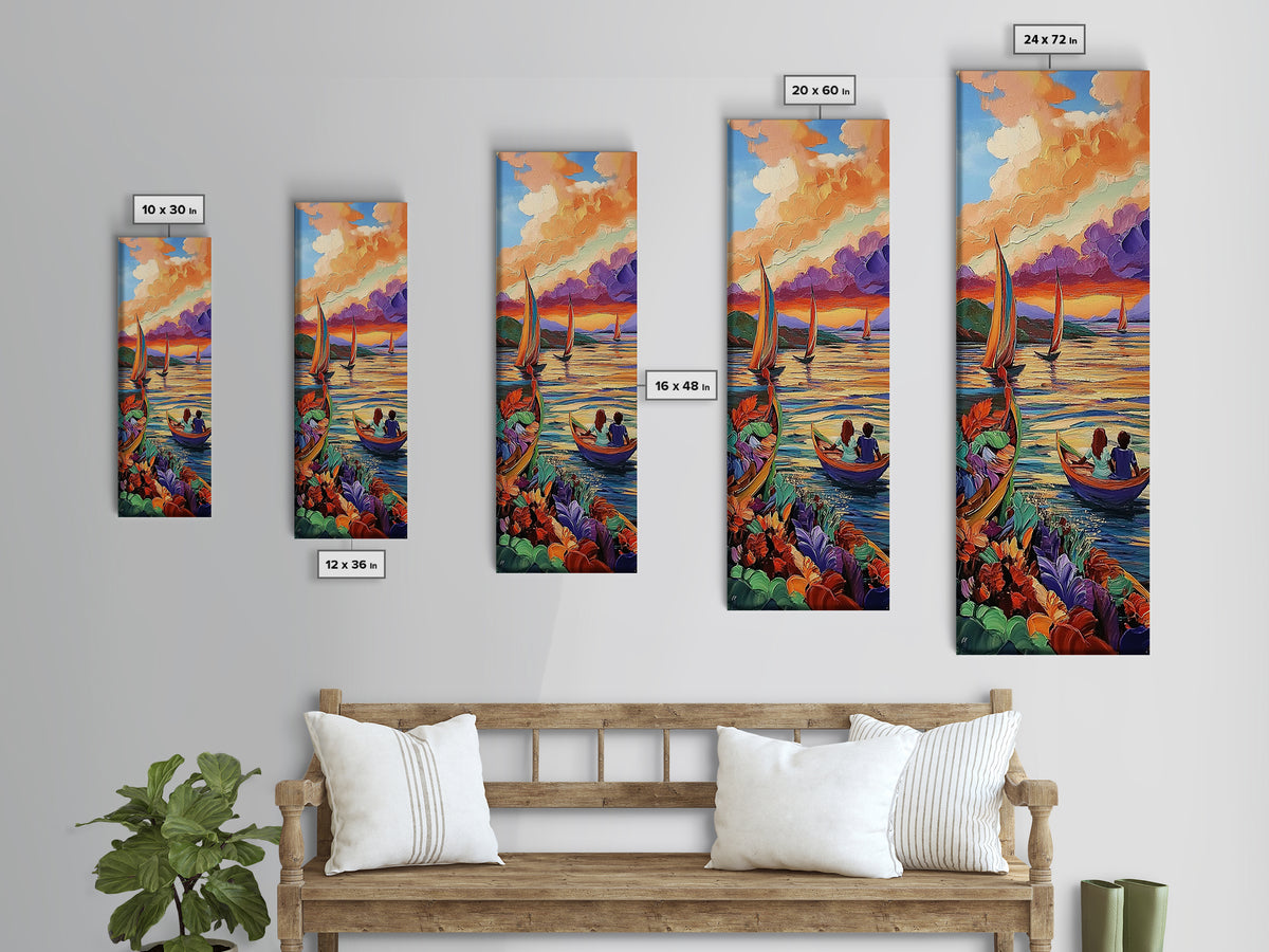 Boats Sunset, Romance Adventure, Canvas Print vibrant sailboats at sunset painting, romantic couple art, nautical wall decor, boho accent