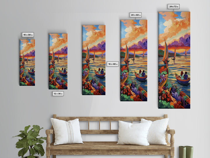 Boats Sunset, Romance Adventure, Canvas Print vibrant sailboats at sunset painting, romantic couple art, nautical wall decor, boho accent