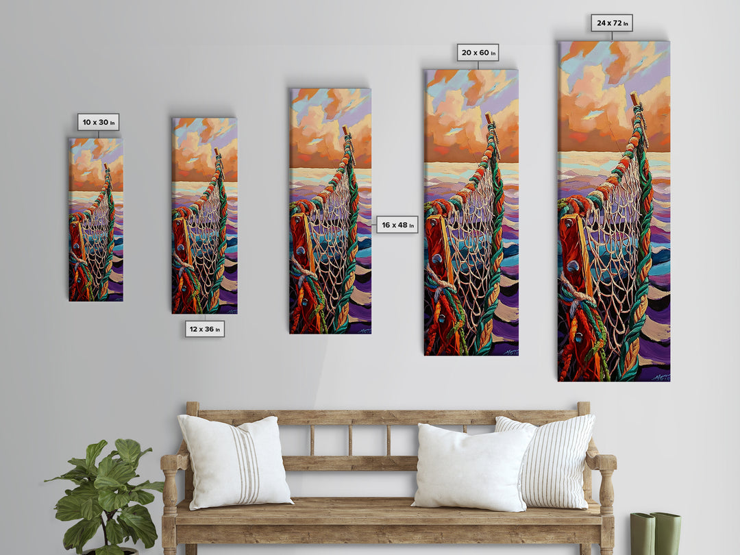 Net Ocean, Sunset Nautical – Canvas Print rustic fisherman’s net painting, nautical themed wall art, beach decor, living room statement art
