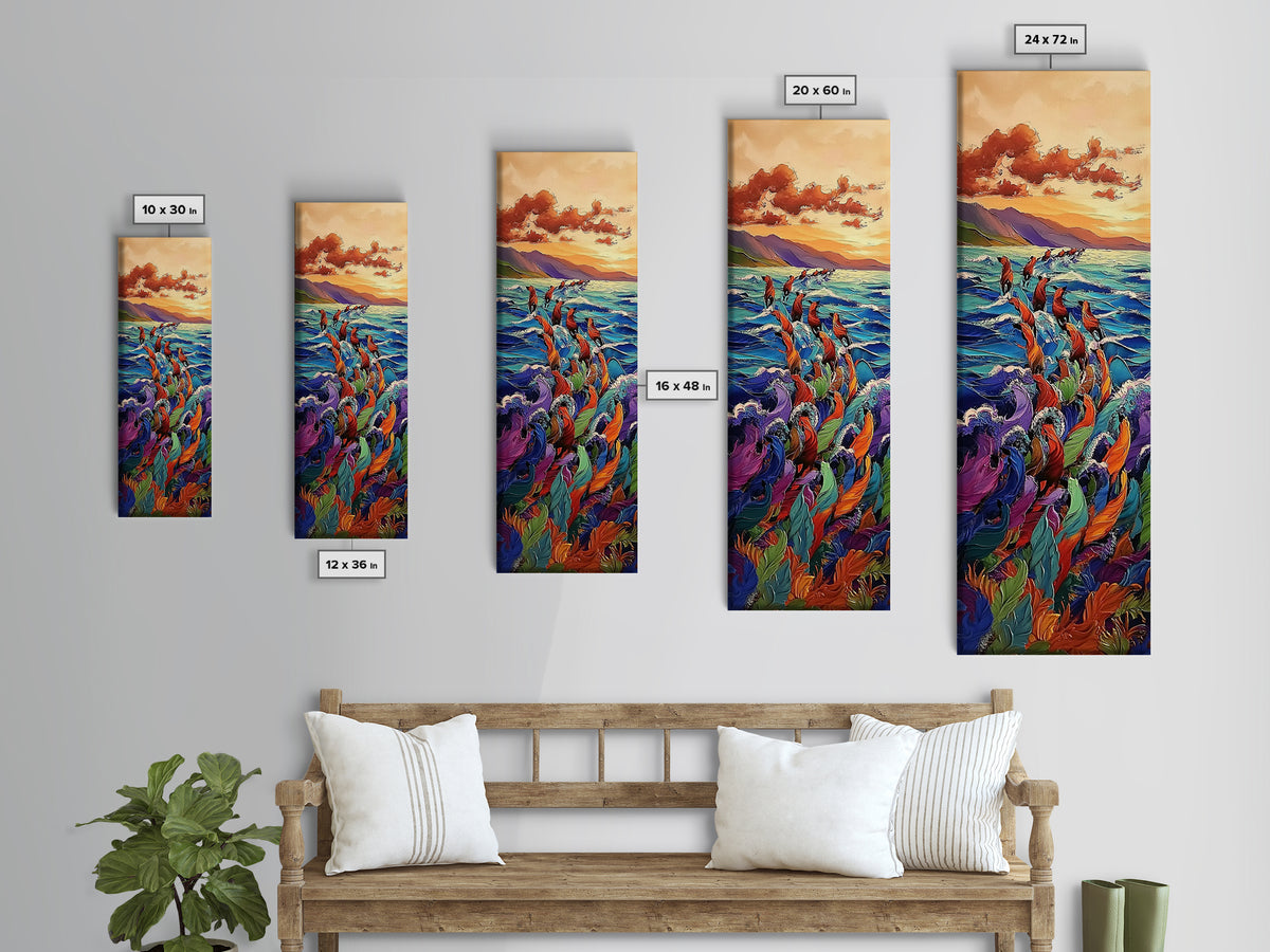 Ocean Horses, Sunset Gallop, Wild Waves, Canvas Print, vibrant equestrian beach art, bold fantasy decor, living room or adventure-themed room