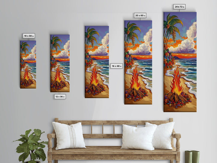 Beach Bonfire, Tropical Sunset, Palm Trees, Framed Canvas Print, coastal beach wall art, summer living room or patio decor, boho ocean vibe