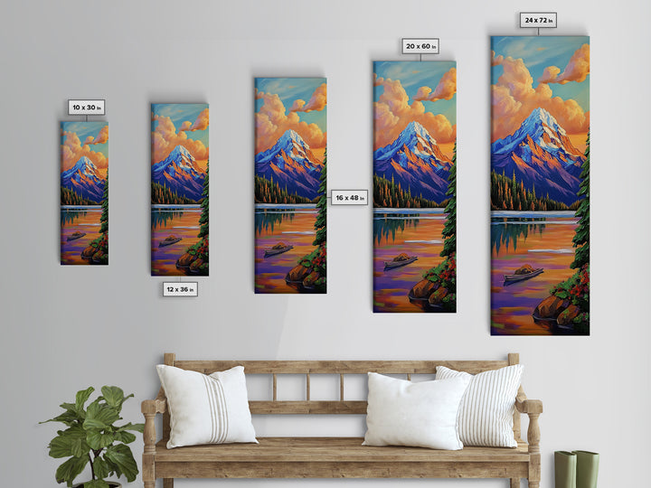 Mountain, Sunrise, Reflection, Nature Scene Framed Canvas Print, Rustic Cabin Decor, Autumn Wall Art, Living Room Mountain Landscape Painting