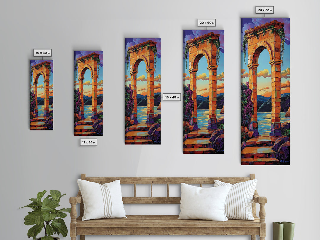 Archway, Sunset, Stone Portal, Dreamscape Framed Canvas Print, Mediterranean Wall Art, Spiritual Decor, Eclectic Entryway Accent, Sunset Painting