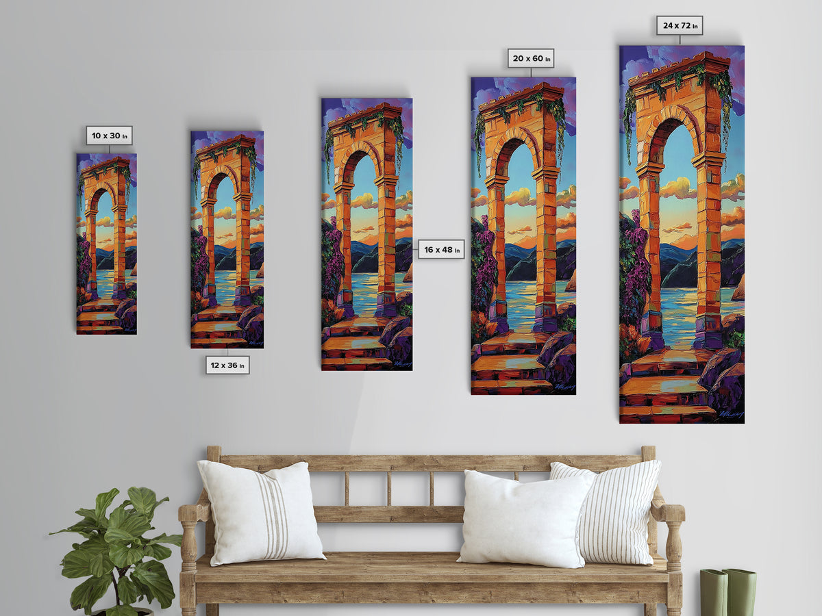 Archway, Sunset, Stone Portal, Dreamscape Framed Canvas Print, Mediterranean Wall Art, Spiritual Decor, Eclectic Entryway Accent, Sunset Painting