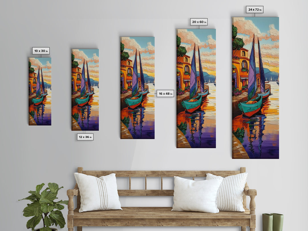 Boats, Harbor, Coastal Village, Mediterranean Scene Framed Canvas Print, Nautical Wall Decor, Vibrant Harbor Painting, Dining Room Accent Art