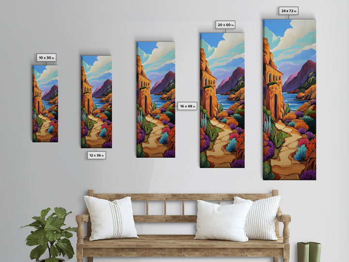 Desert, Path, Cactus, Vibes - Framed Canvas Print, Southwest Landscape Wall Art, Living Room Colorful Boho Art, Mediterranean Path Painting