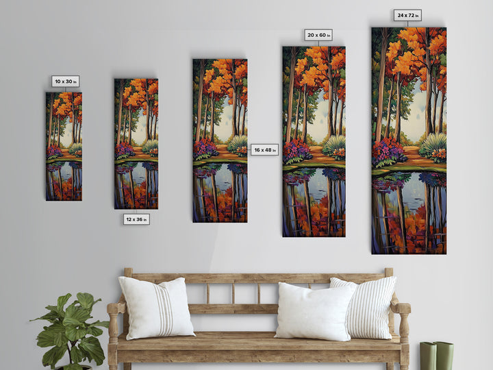 Autumn, Trees, Reflection, Forest - Framed Canvas Print, Fall Foliage Wall Art, Nature Scene Living Room Decor, Warm Seasonal Forest Painting