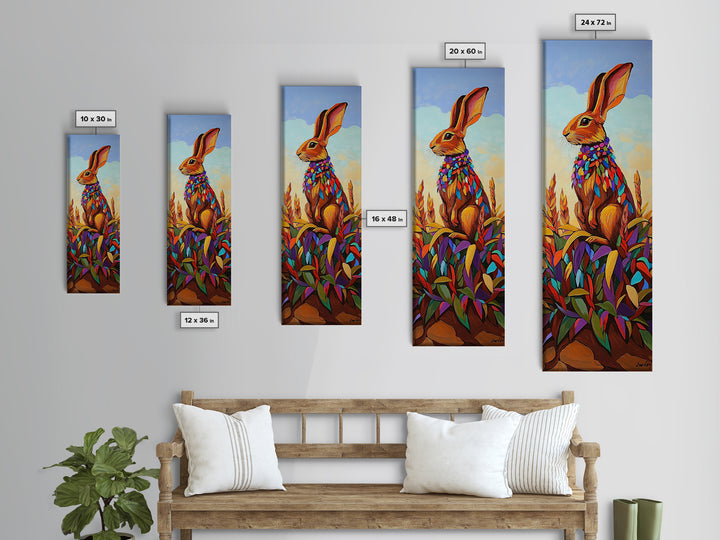 Rabbit, Autumn, Leaves, Field, Framed Canvas Print, Fall nursery wall art, woodland animal painting, whimsical harvest decor, colorful boho style