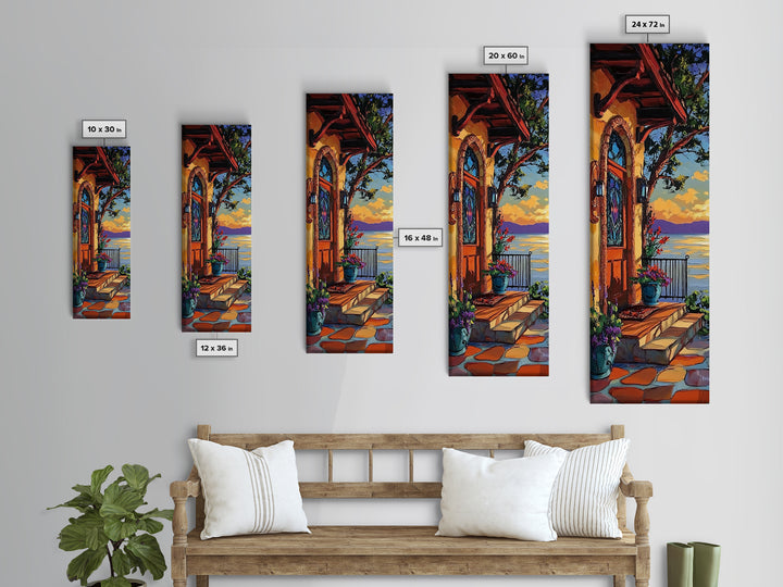 Doorway, Ocean, Mediterranean, Flowers, Framed Canvas Print, Mediterranean doorway wall art, ocean view canvas print, flower entryway painting