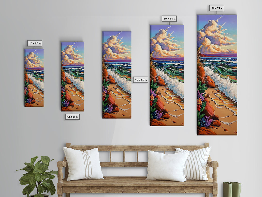 Coastal Flowers, Waves Sunset, Framed Canvas Print, Beach Art, Seaside Wall Decor, Tropical Artwork, Living Room Coastal Decor, Ocean Art