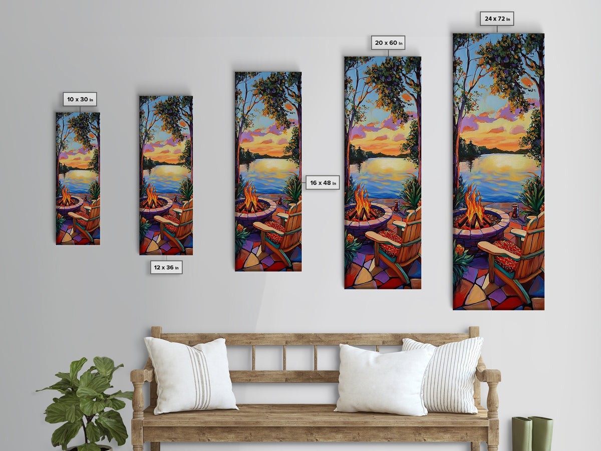 Campfire, Sunset, Retreat, Outdoors, Framed Canvas Print, Cozy Patio Wall Art, Autumn Landscape Decor, Rustic Cabin Vibes, Warm Living Room Art