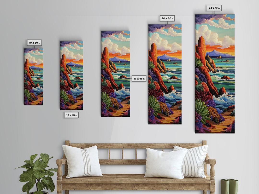 Coastal, Sunset, Seascape, Vibes, Framed Canvas Print of ocean cliffs and crashing waves, modern coastal wall art, beach house decor