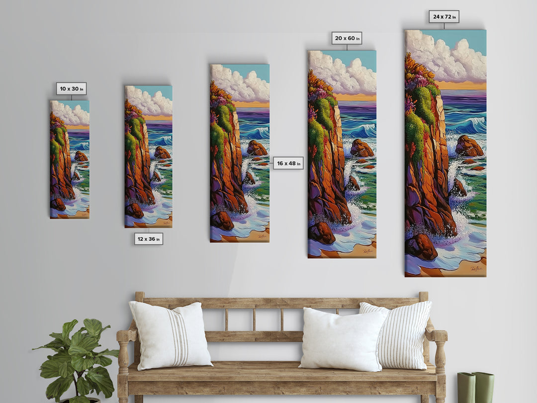 Cliff, Ocean, Waves, Nature, Framed Canvas Print of dramatic coastal waves, serene beach art, bathroom wall decor, ocean lover gift