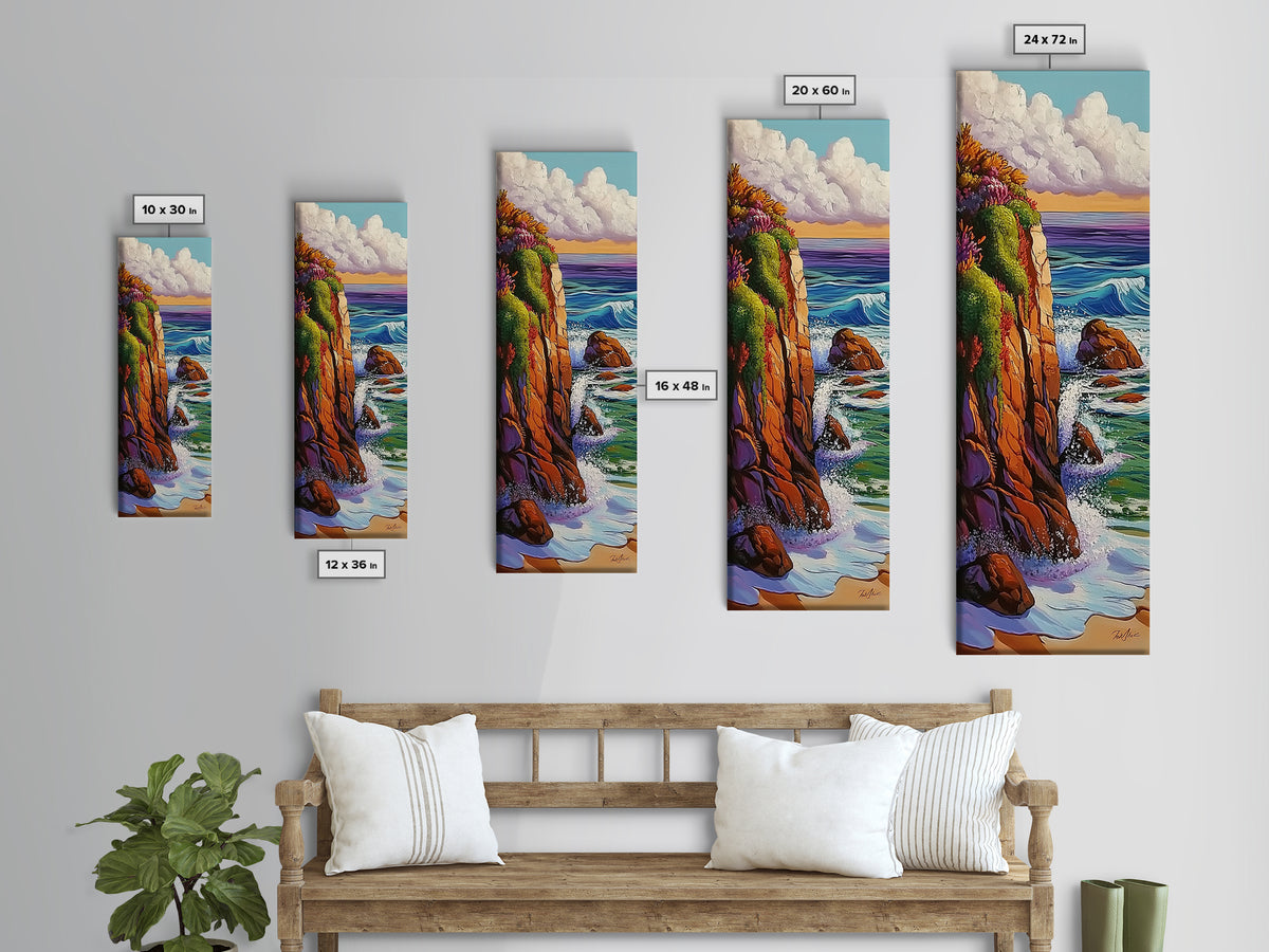 Cliff, Ocean, Waves, Nature, Framed Canvas Print of dramatic coastal waves, serene beach art, bathroom wall decor, ocean lover gift