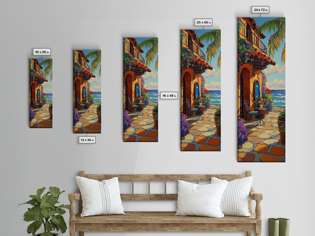 Patio, Ocean, Palm Trees, Tropical Coastal Balcony Framed Canvas Print, Boho Beach House Art, Outdoor Dining Wall Decor, Summer Vibes
