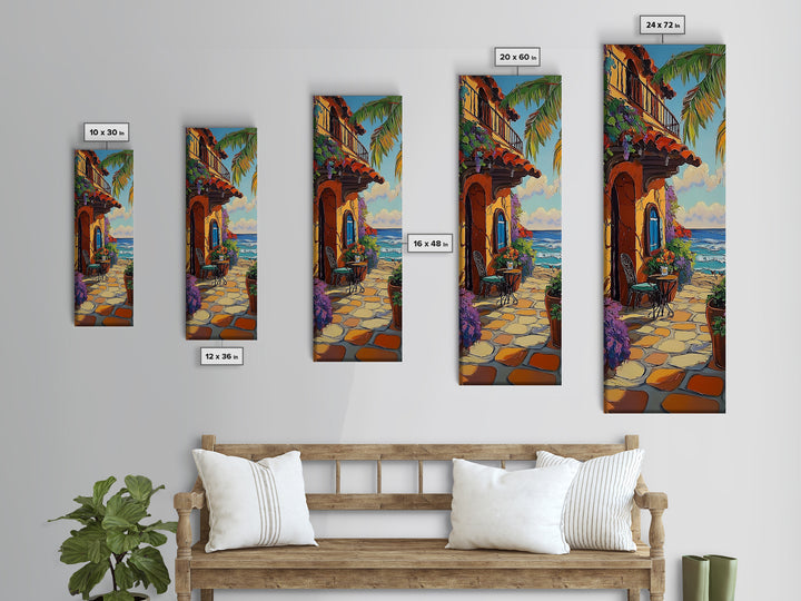 Patio, Ocean, Palm Trees, Tropical Coastal Balcony Framed Canvas Print, Boho Beach House Art, Outdoor Dining Wall Decor, Summer Vibes