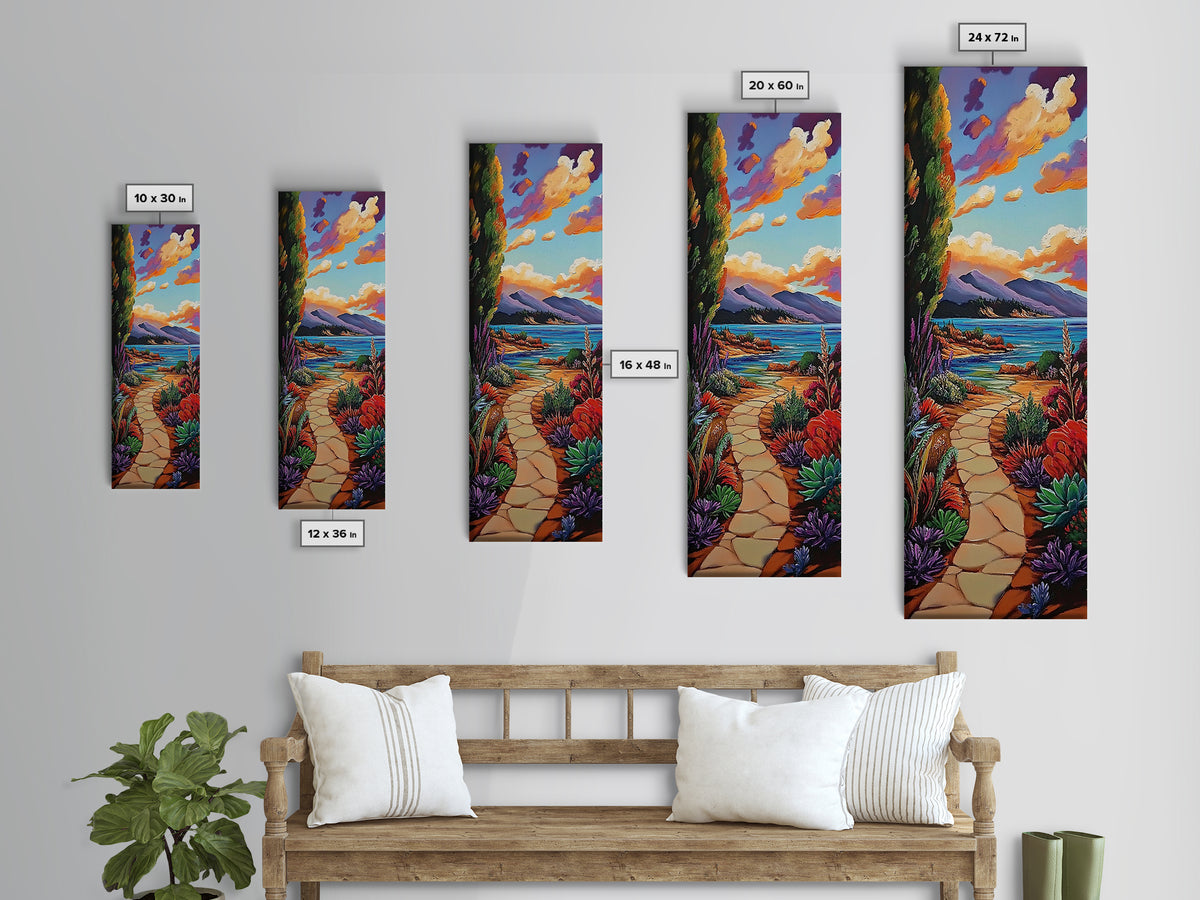 Coastal Trail, Ocean Cliffs, Vibrant Shoreline Art, Tropical Nature Decor, Scenic Summer Landscape, Framed Canvas Print