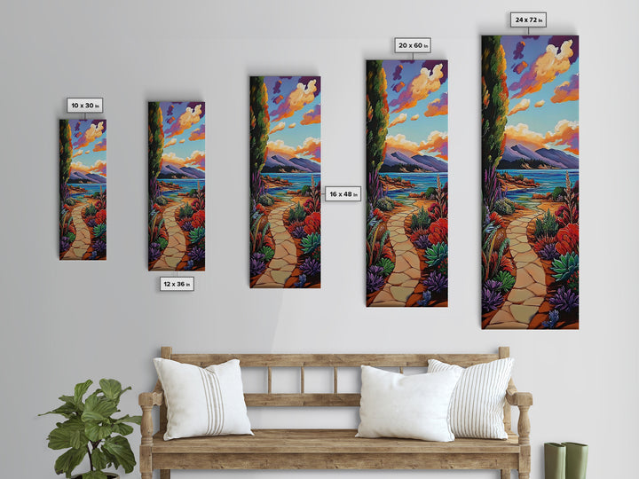 Coastal Trail, Ocean Cliffs, Vibrant Shoreline Art, Tropical Nature Decor, Scenic Summer Landscape, Framed Canvas Print
