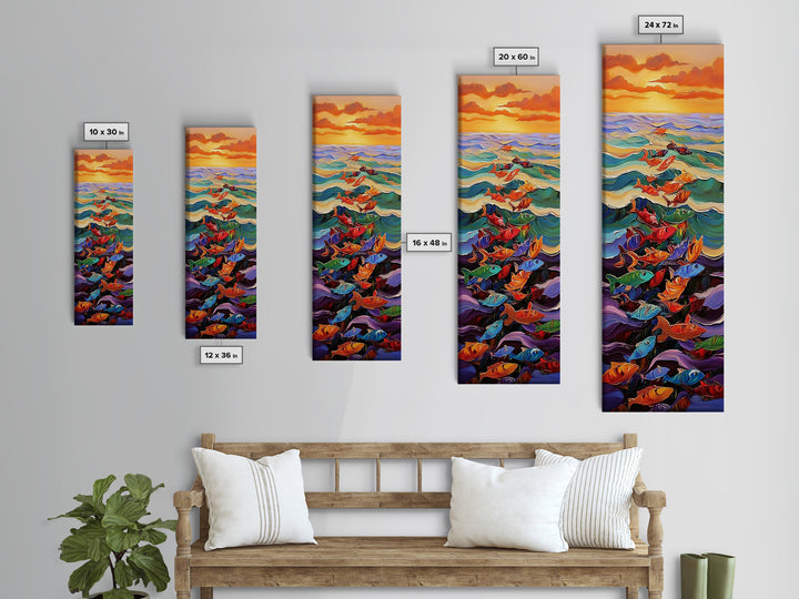 Ocean Journey, Colorful Fish, Sunrise Waves, Framed Canvas Print, vibrant coastal fish painting, kids room or nautical beach house art