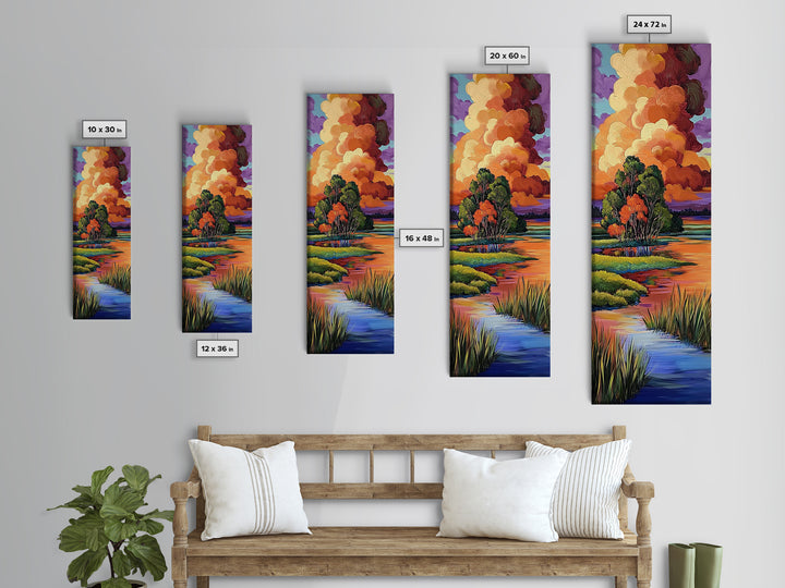 Autumn Marsh, Sunset Glow, Serene Trees, Framed Canvas Print, warm fall landscape art, peaceful country home decor, boho wall design