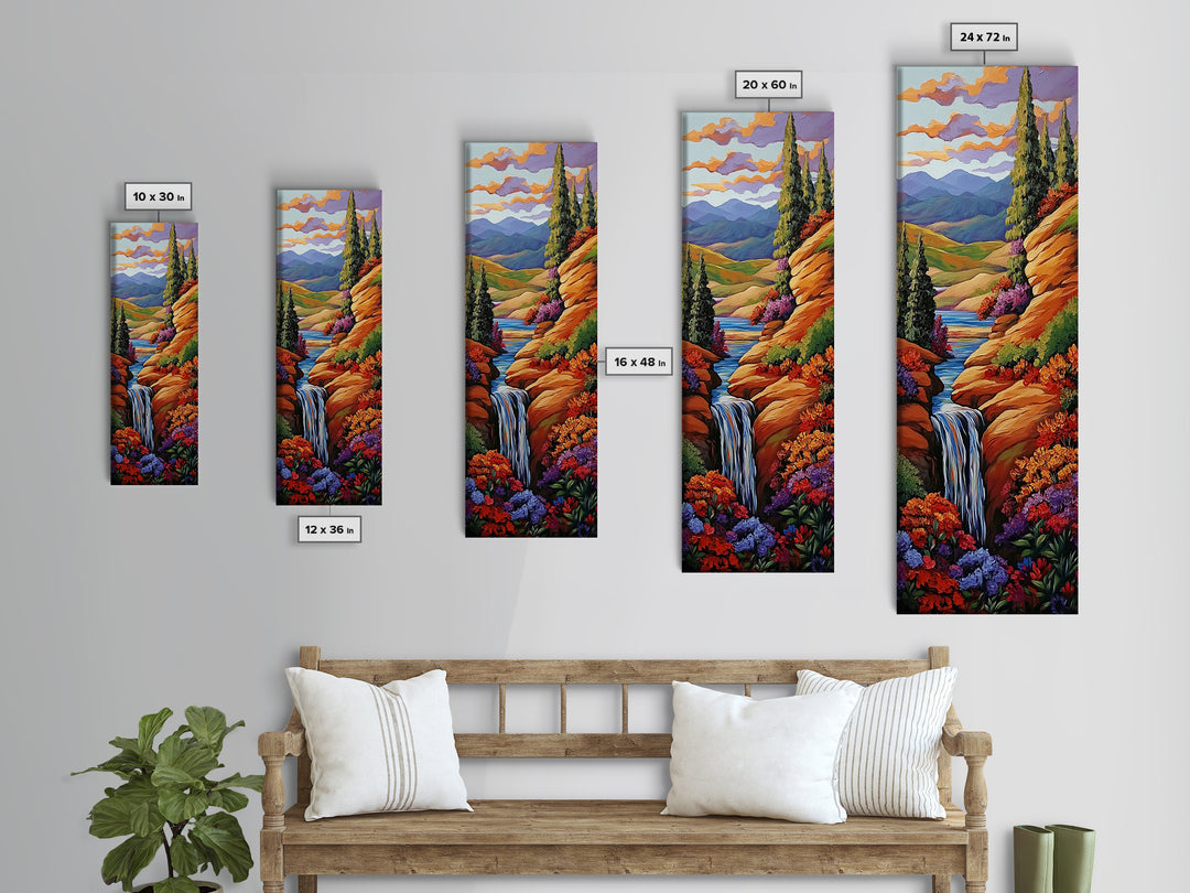Autumn Waterfall, Flowers, Pathway, Framed Canvas Print, fall waterfall art, floral canyon decor, rustic landscape, living room wall art