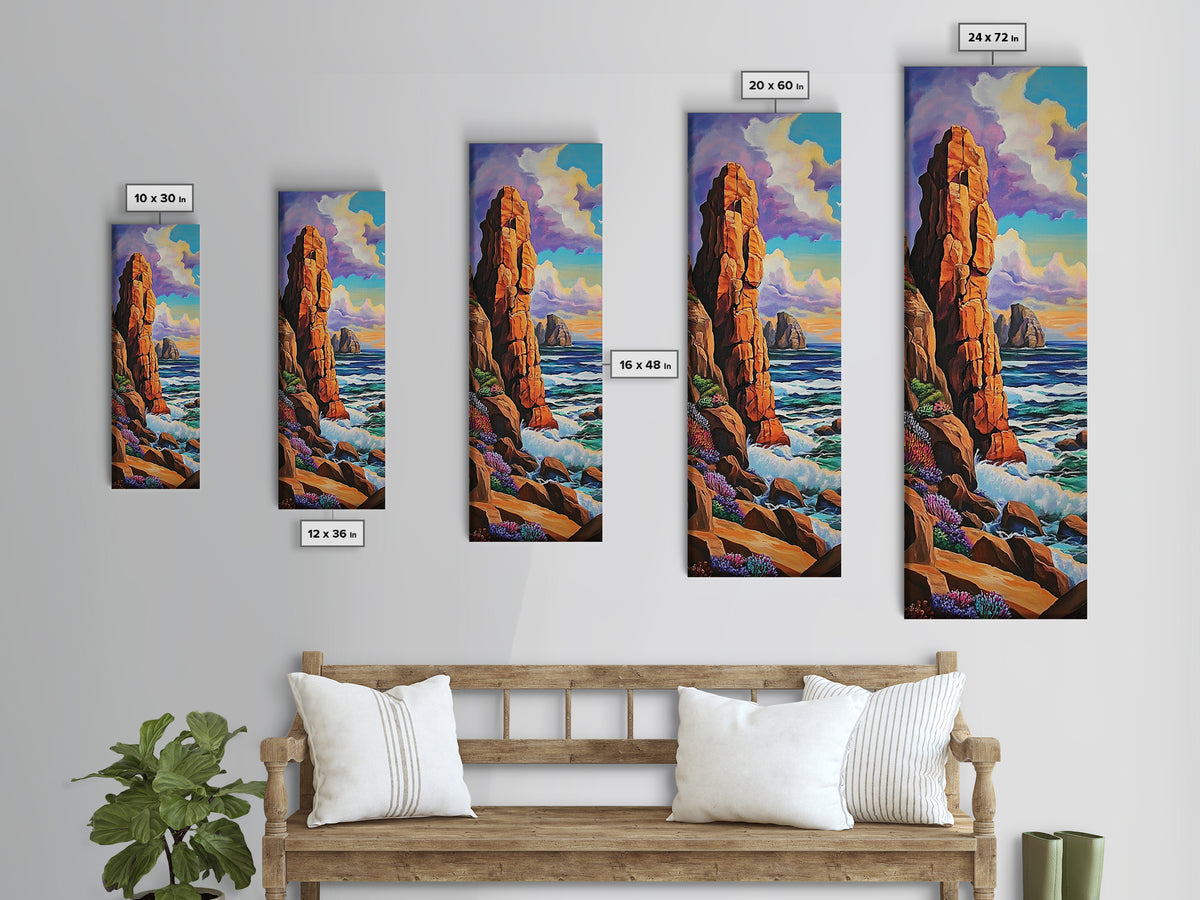 Coastal Cliffs, Ocean, Sunset, Framed Canvas Print, Bold coastal cliffs wall art, dramatic seascape beach decor, contemporary ocean painting
