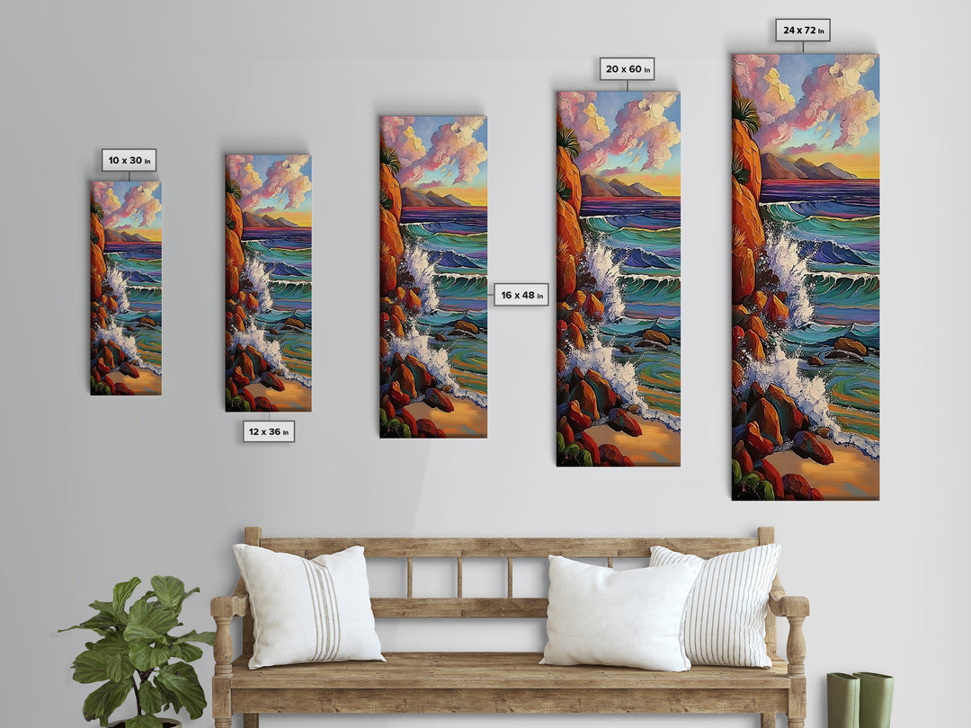 Ocean Cliffs, Sunset, Trees, Framed Canvas Print, Ocean cliffs wall art, glowing sunset scene, romantic coastal decor, entryway accent