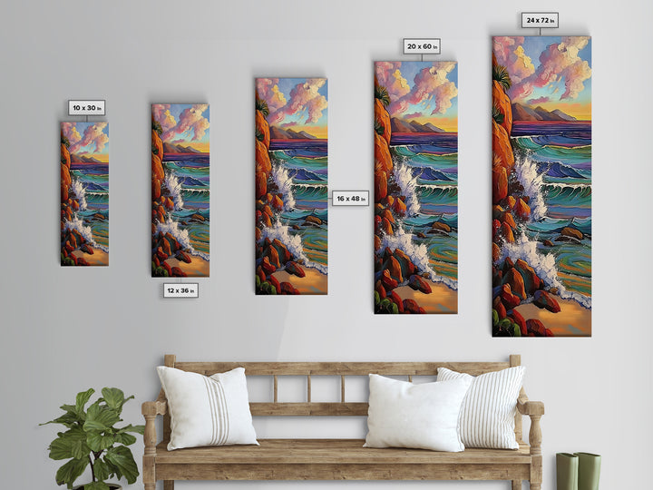 Ocean Cliffs, Sunset, Trees, Framed Canvas Print, Ocean cliffs wall art, glowing sunset scene, romantic coastal decor, entryway accent