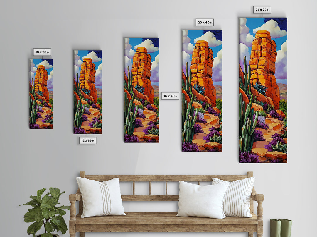 Desert Rock, Cactus, Trail – Canvas Print desert landscape art, boho western decor, rustic cactus painting, hallway wall decor, earthy tones