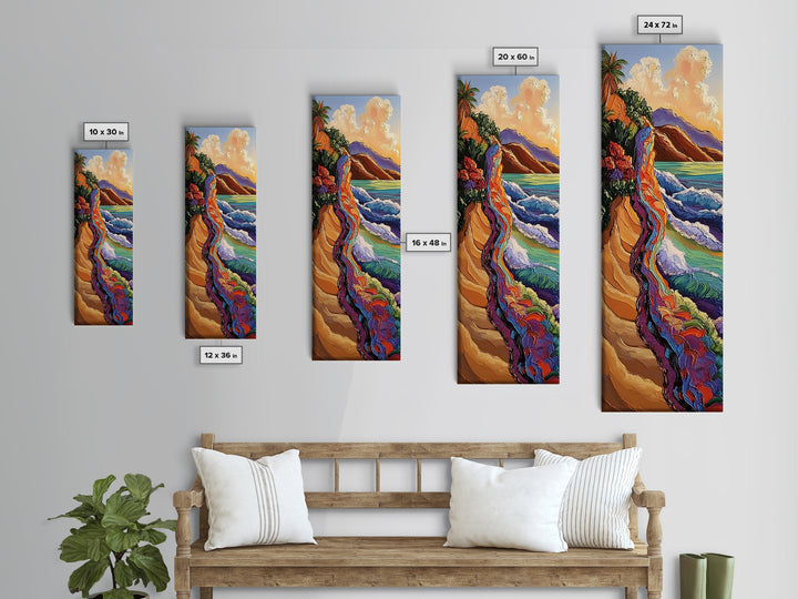 Cliffside Ocean, Rainbow, Waves – Canvas Print bold beach artwork, coastal living room art, tropical ocean scene, textured vibrant painting