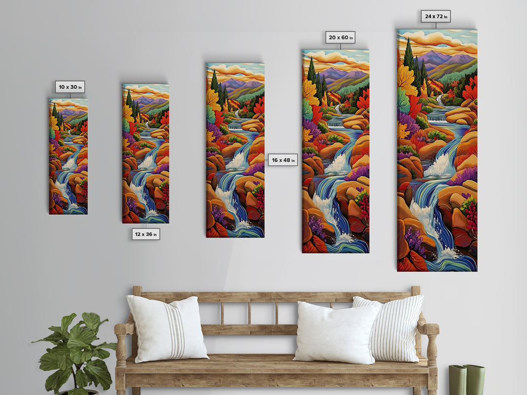 Autumn Waterfall, Mountain, River — Canvas Print of fall mountain river scene, great for Rustic Cabin Decor or Autumn Living Room Wall Art