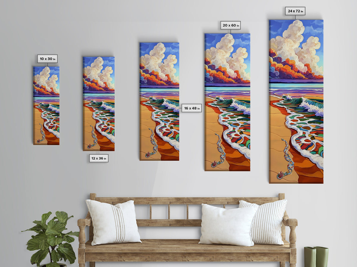 Beach Wave, Necklace, Shore — Canvas Print of whimsical wave reaching jewelry on sand, perfect Boho Bathroom Wall Art or Beach Lover's Gift Decor