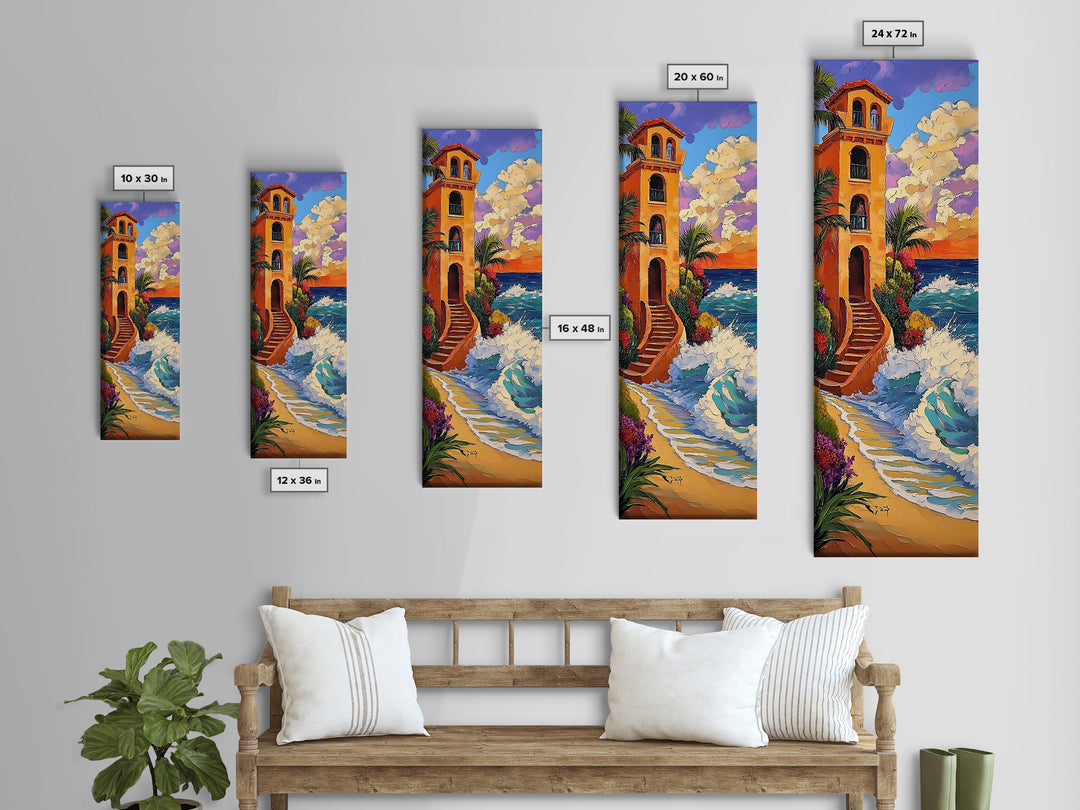 Coastal Villa, Sunset, Ocean Waves Framed Canvas Print, Mediterranean Style Wall Art, Colorful Beach Home Decor, Seaside Painting