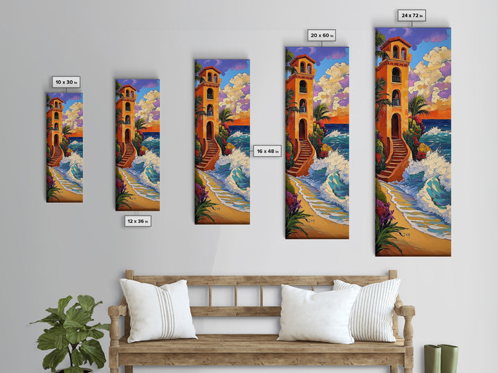 Coastal Villa, Sunset, Ocean Waves Framed Canvas Print, Mediterranean Style Wall Art, Colorful Beach Home Decor, Seaside Painting