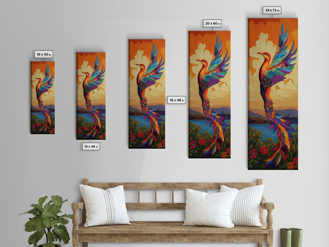 Phoenix Firebird, Sunset, Framed Canvas Print, Vibrant Mythical Wall Art, Boho Spirit Animal Decor, Bold Bedroom Statement Piece