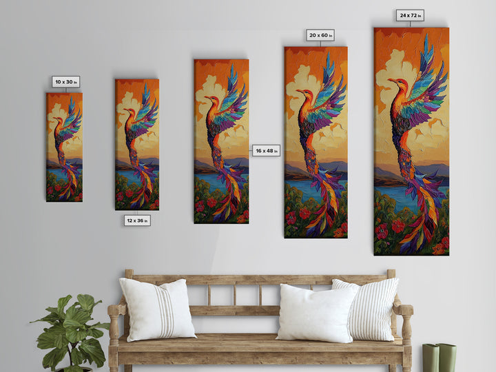 Phoenix Firebird, Sunset, Framed Canvas Print, Vibrant Mythical Wall Art, Boho Spirit Animal Decor, Bold Bedroom Statement Piece