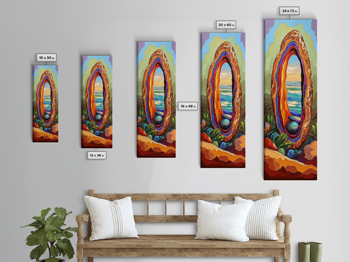 Ocean Portal, Geode Shell, Dreamy, Surreal Beach Art, Framed Canvas Print, Boho Bedroom Decor, Psychedelic Coastal Wall Art