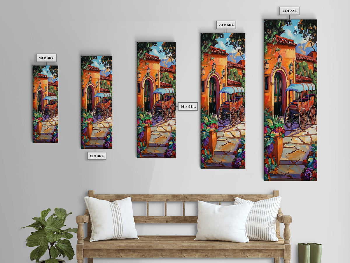Cart Villa, Garden, Framed Canvas Print, Vibrant Mexican courtyard with wooden cart painting, hacienda decor, hallway rustic wall art