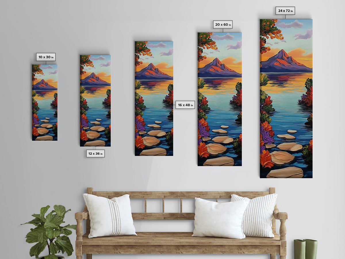 Pathway Lake, Mountains, Framed Canvas Print, Tranquil mountain lake trail painting with floral path, cabin wall art, rustic living room decor