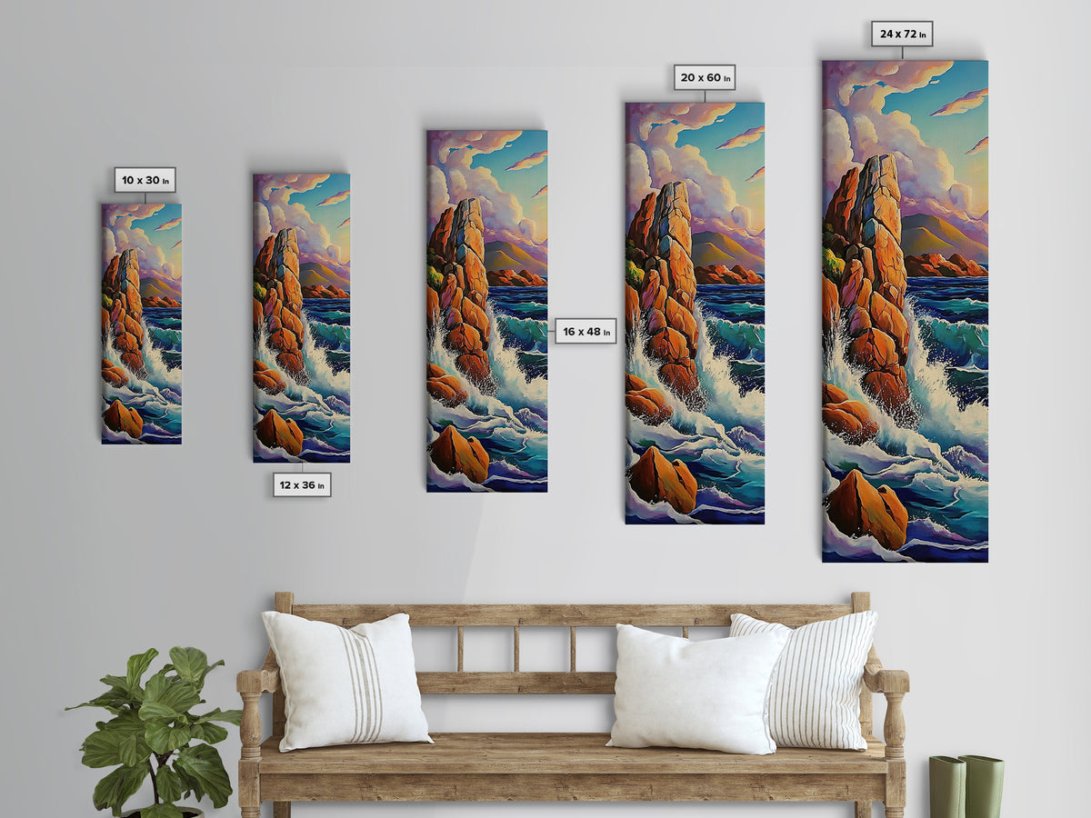 Ocean Rocks, Cliffs, Framed Canvas Print, Dramatic rocky shoreline painting with crashing waves, coastal landscape art, living room decor