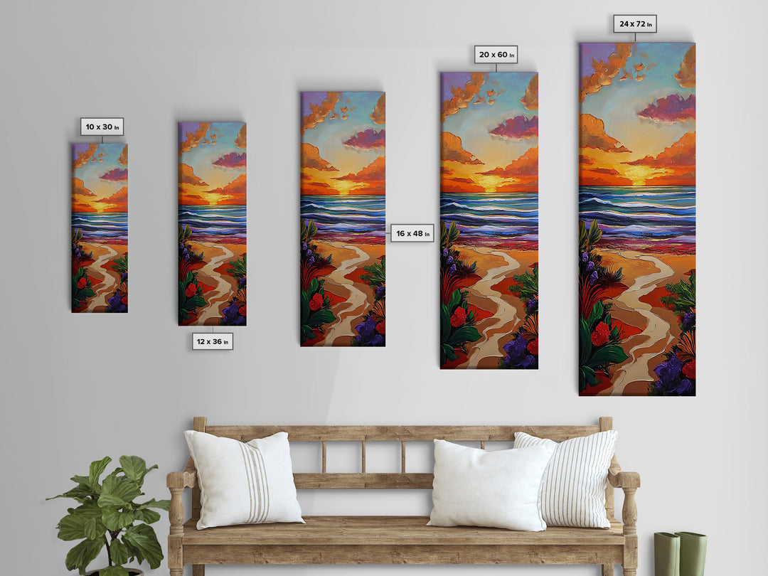Path Beach, Sunset, Tropical Canvas Print scenic path to ocean wall decor, vibrant beach sunset artwork, tropical boho art, entryway art
