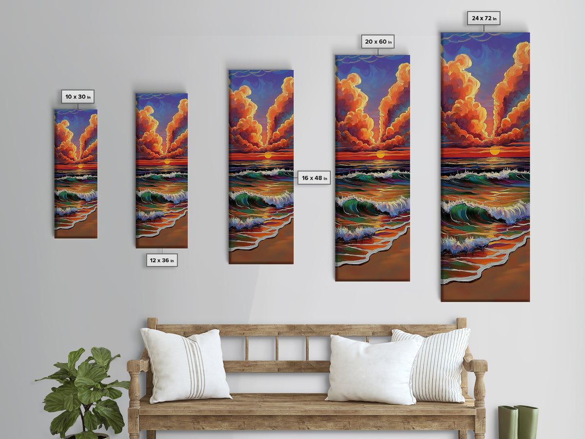 Ocean Sunset, Glow, Waves Framed Canvas Print glowing beach sunset wall art, vivid wave painting, warm coastal decor, boho beach house art