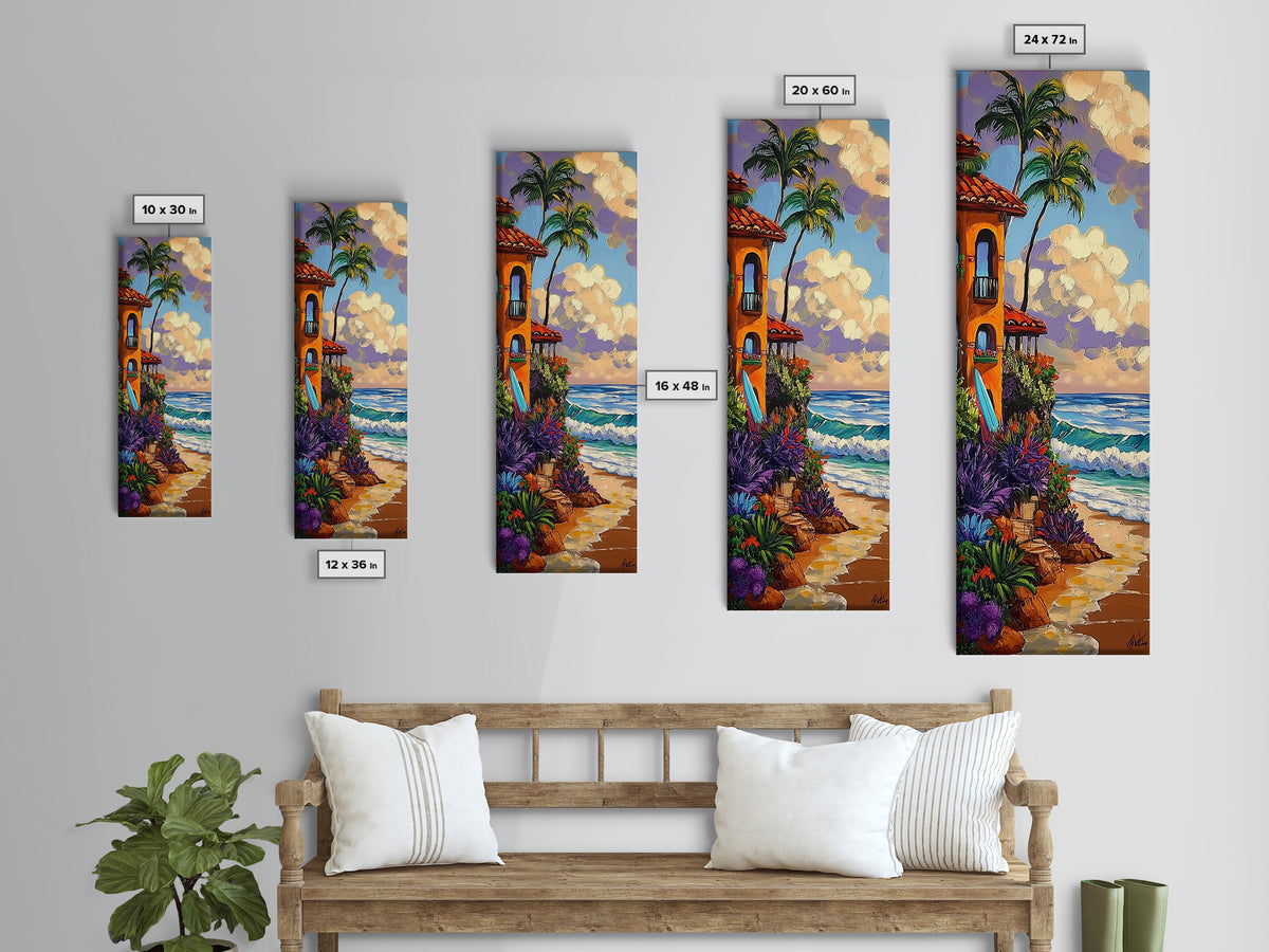 Coastal Villa, Surf, Tropics Canvas Print Mediterranean villa by the sea art, surfboard and tropical plants, boho beach decor, hallway print
